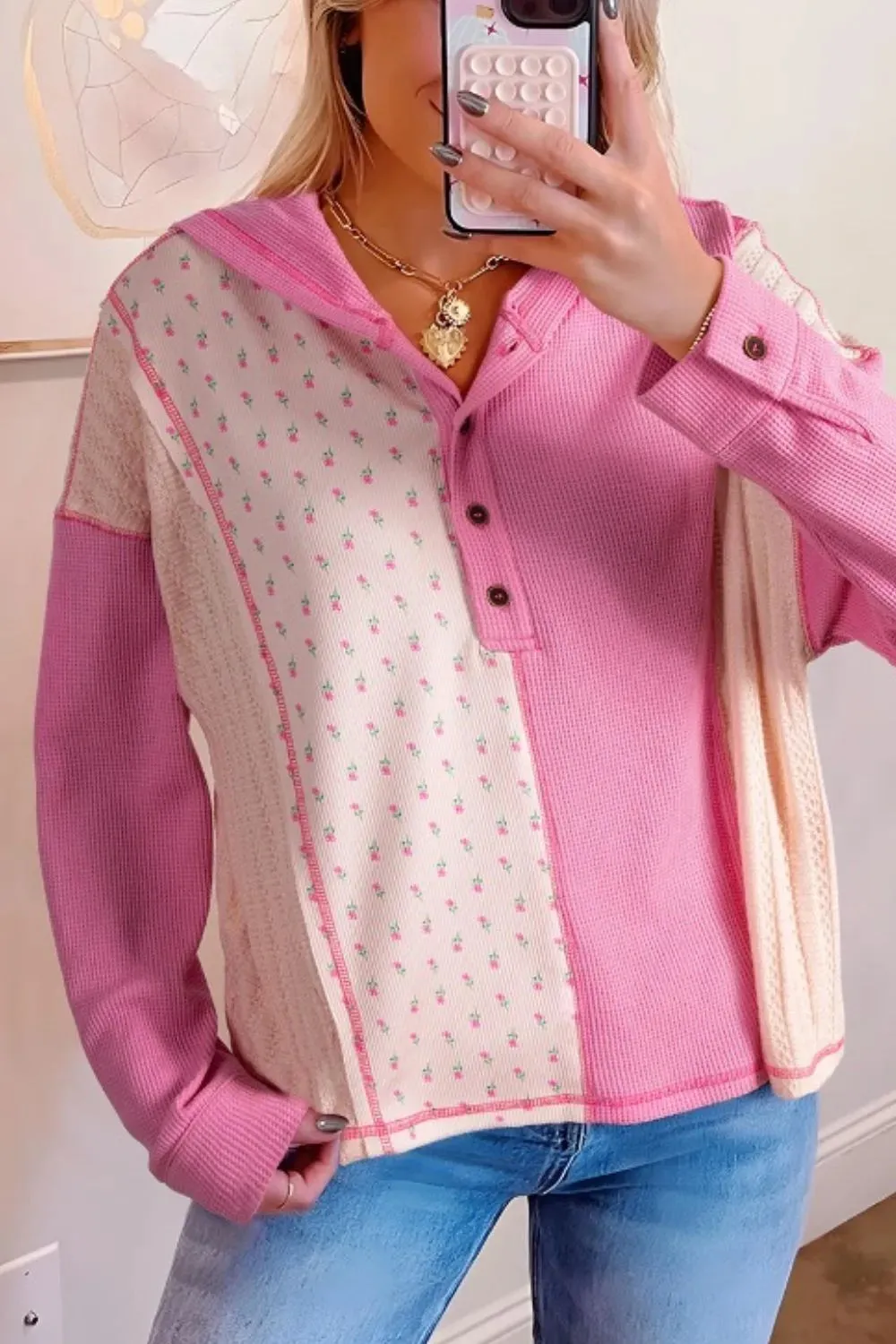 Color Block Button Detail Hoodie sold by Charming Charlie