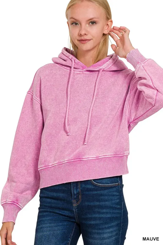 Zenana Acid Wash Fleece Drawstring Cropped Hoodie sold by Charming Charlie