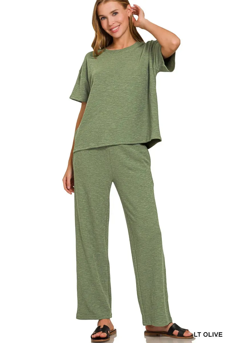 Zenana Slub Short Sleeve T-Shirt and Pants Set sold by Charming Charlie