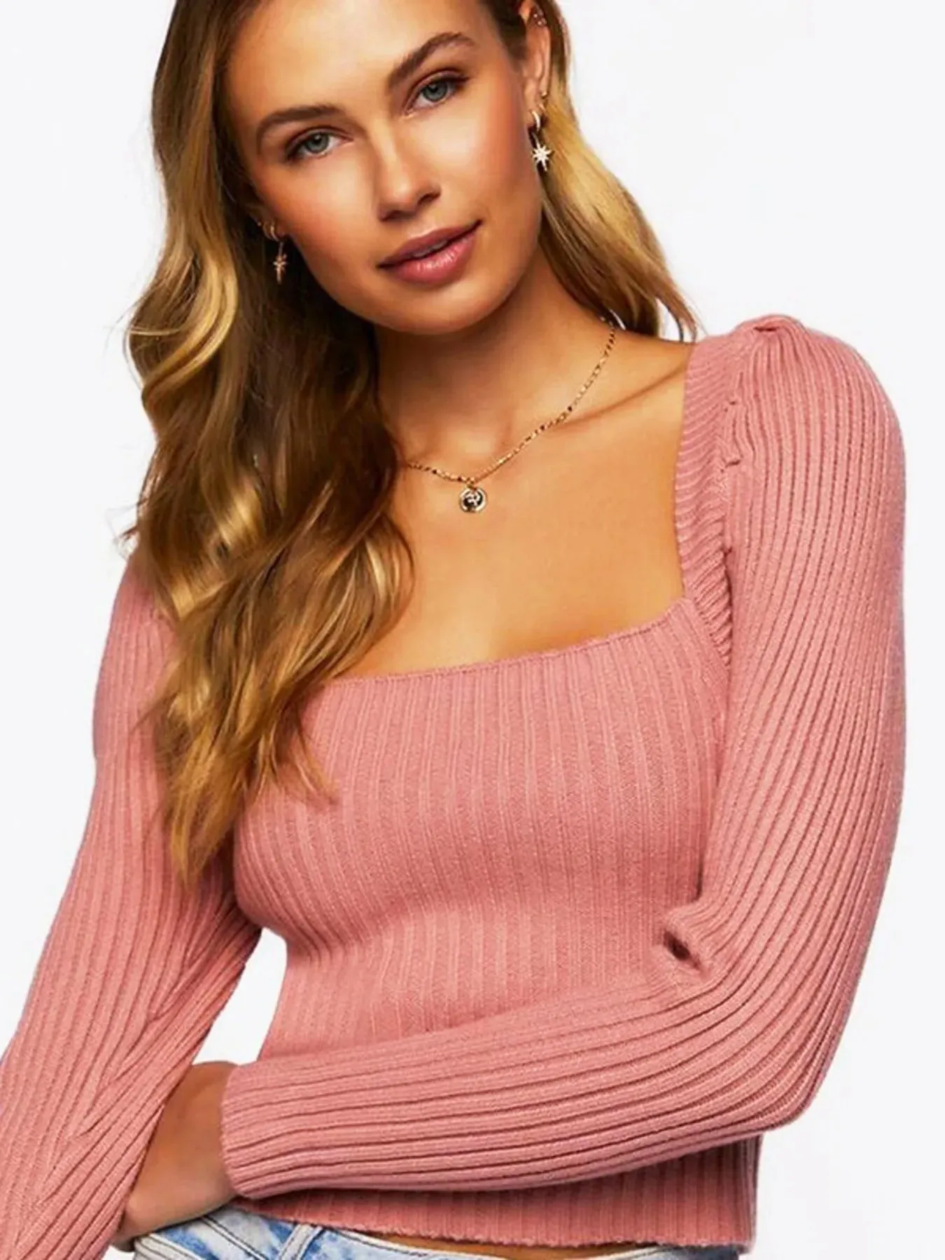 Ribbed Square Neck Long Sleeve Sweater sold by Charming Charlie product image thumbnail 4