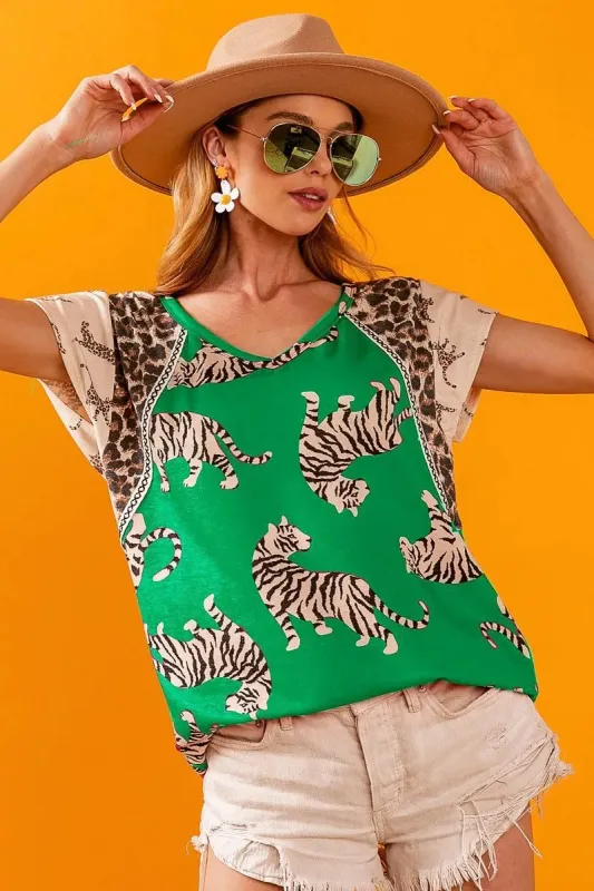 BiBi Tiger Printed Jersey Block T-Shirt with Aztec Trim sold by Charming Charlie