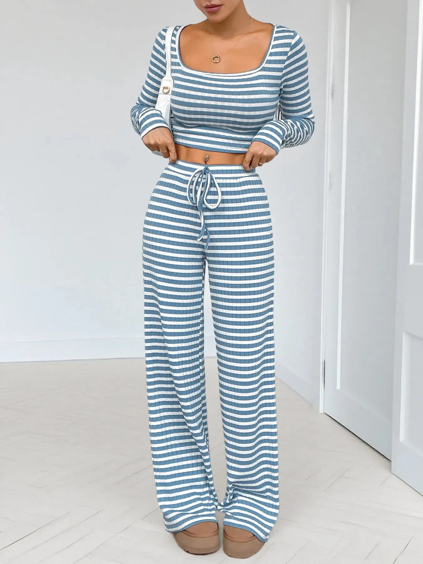 Striped Square Neck Long Sleeve Top and Pants Lounge Set sold by Charming Charlie product image thumbnail 3