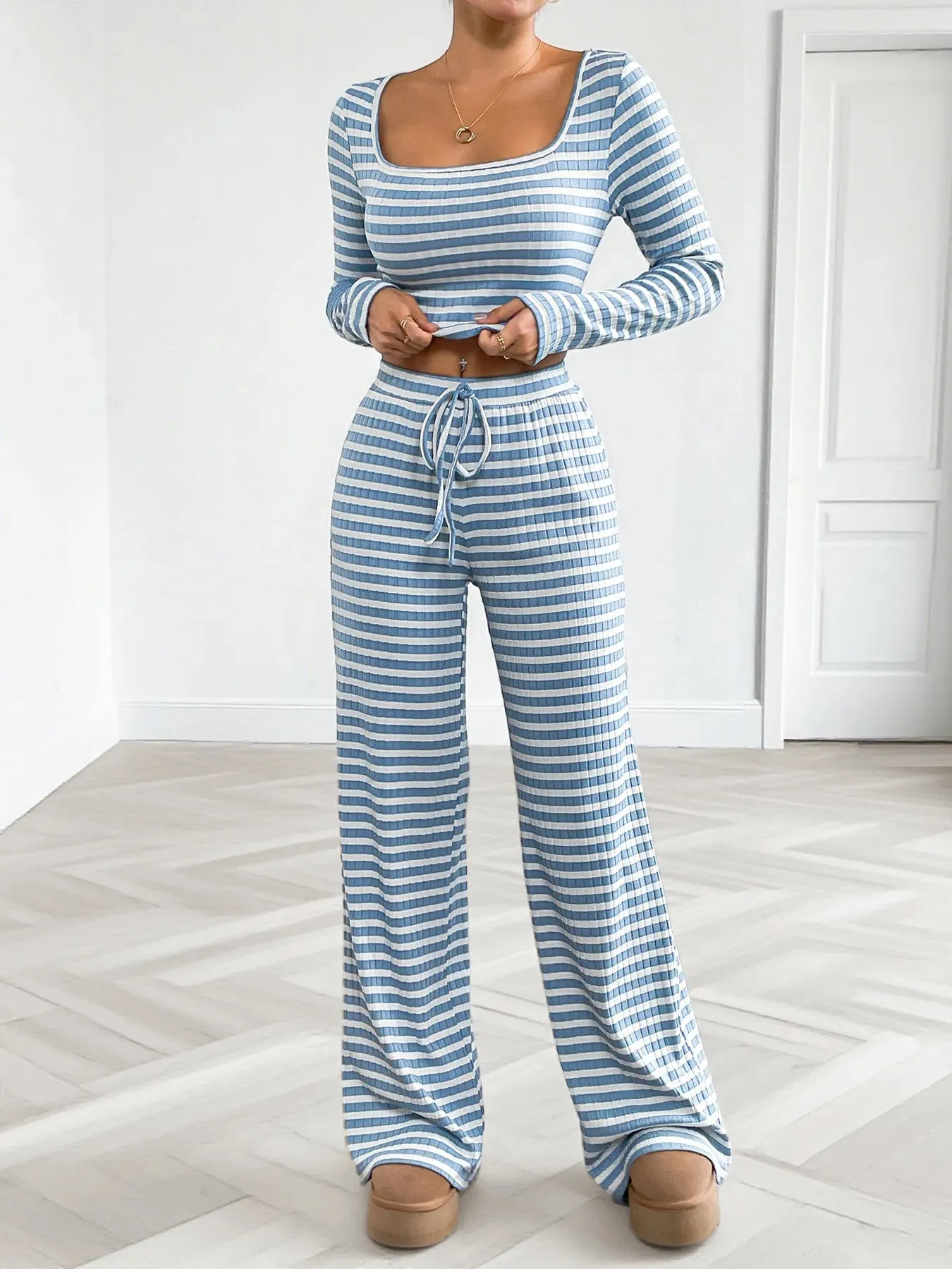 Striped Square Neck Long Sleeve Top and Pants Lounge Set sold by Charming Charlie product image thumbnail 5