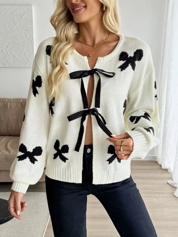 Bow Print Tie-Front Cardigan sold by Charming Charlie