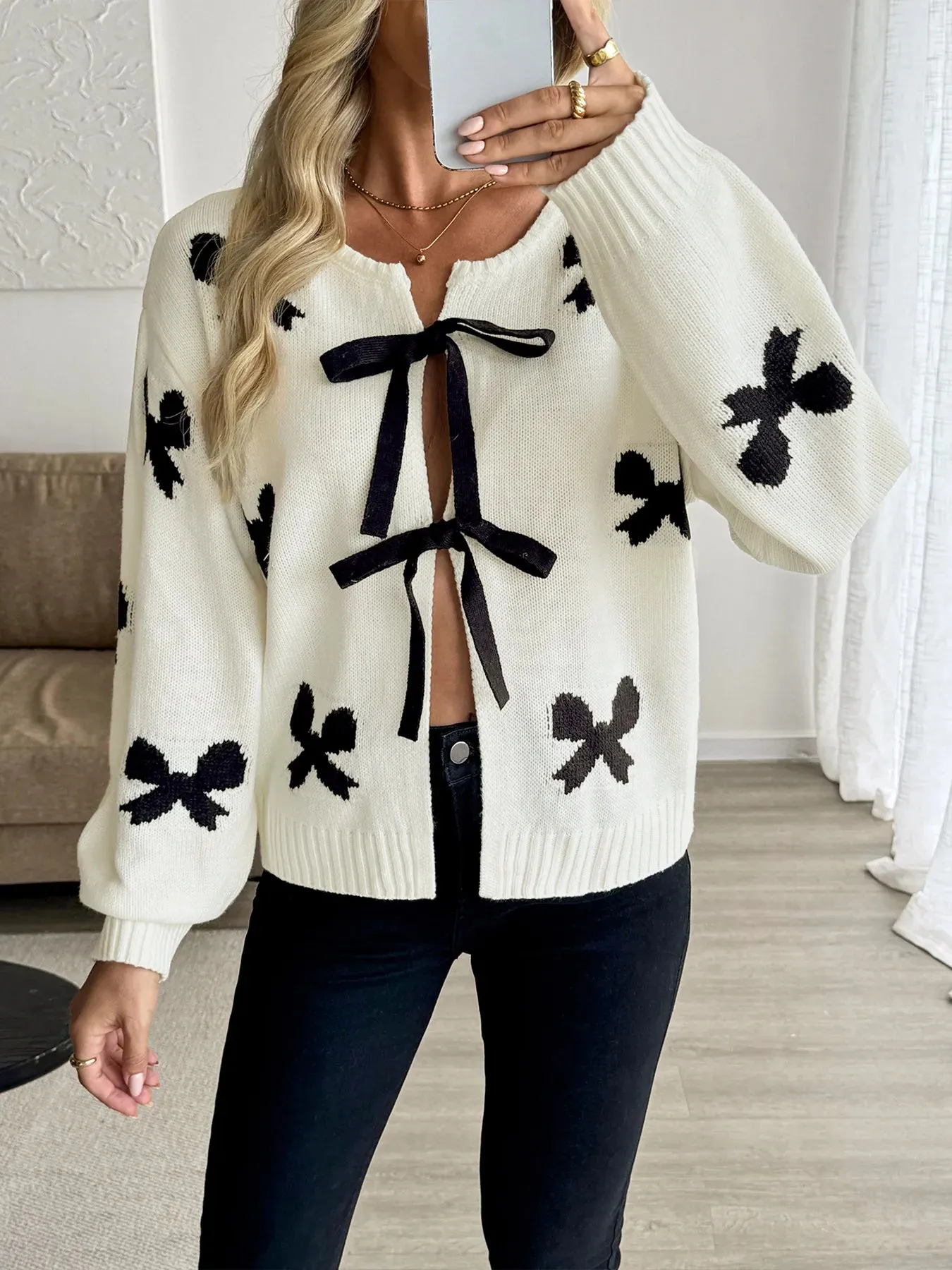 Bow Print Tie-Front Cardigan sold by Charming Charlie product image thumbnail 3