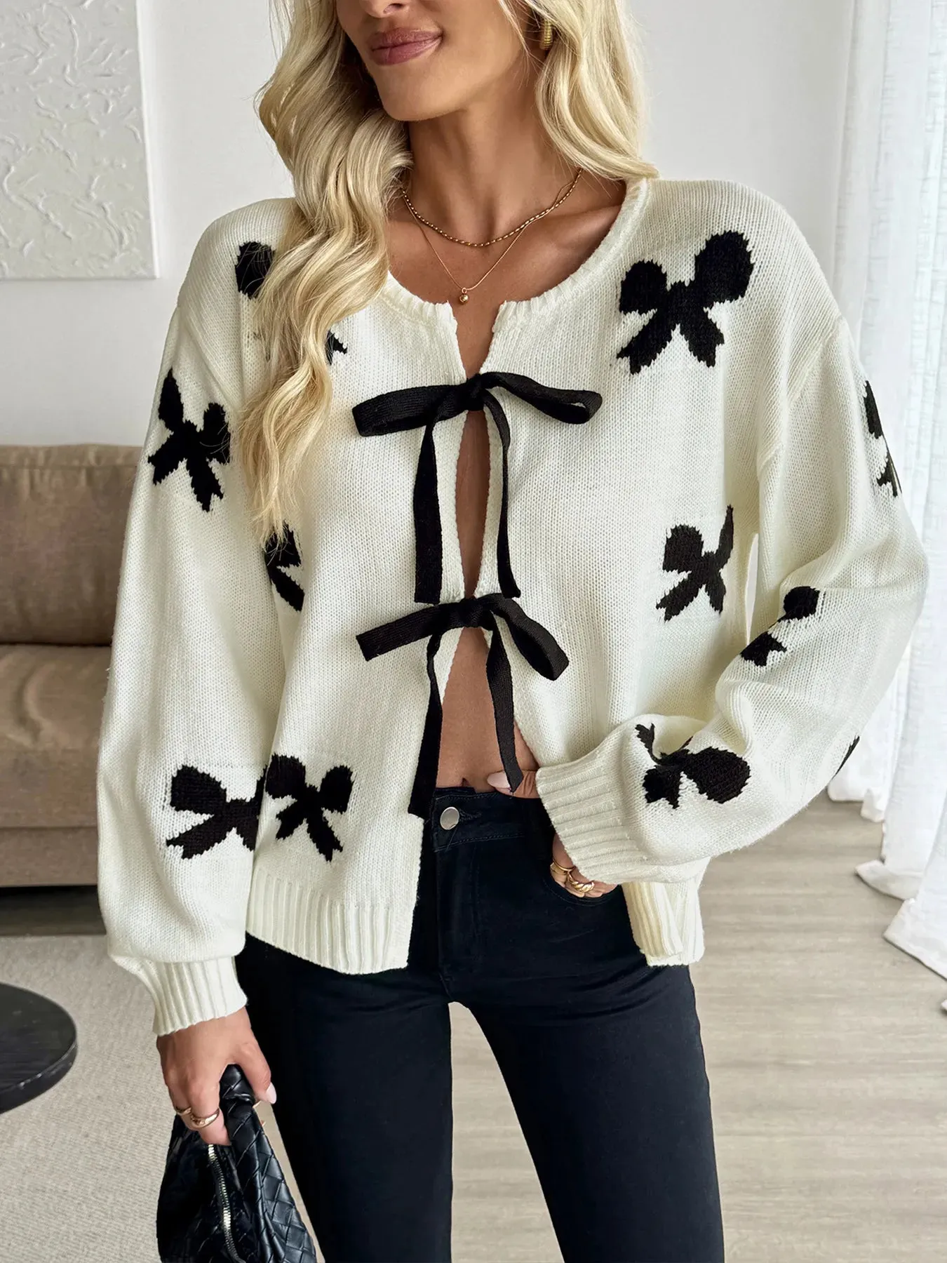 Bow Print Tie-Front Cardigan sold by Charming Charlie product image thumbnail 2