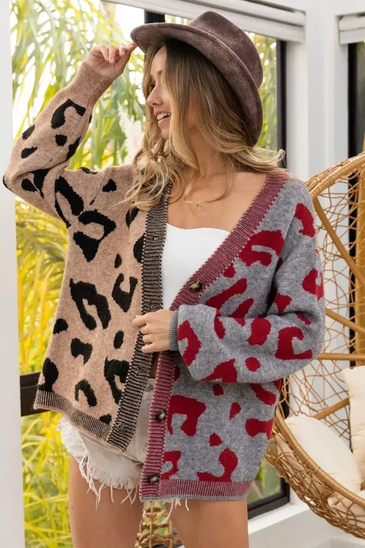 BiBi Leopard Color Block Button Down Sweater Cardigan sold by Charming Charlie