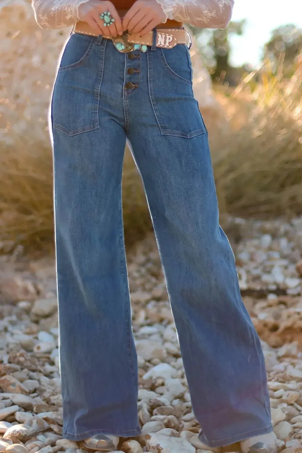 High-Waisted Wide-Leg Button-Front Jeans sold by Charming Charlie product image thumbnail 2