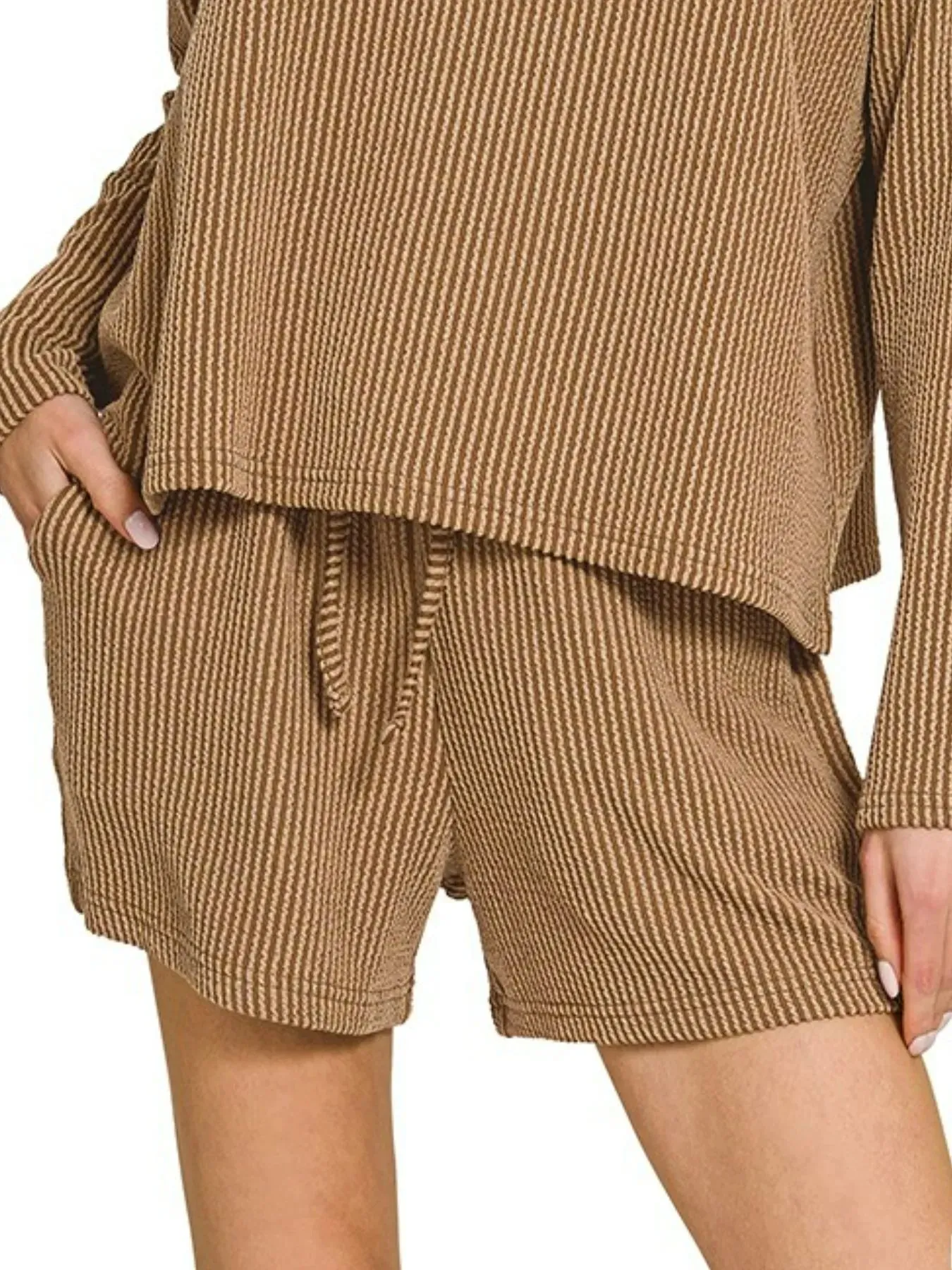 Zenana Corded Rib Long Sleeve Tee and Shorts Set sold by Charming Charlie product image thumbnail 3