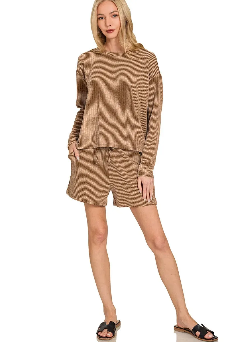 Zenana Corded Rib Long Sleeve Tee and Shorts Set sold by Charming Charlie product image thumbnail 2
