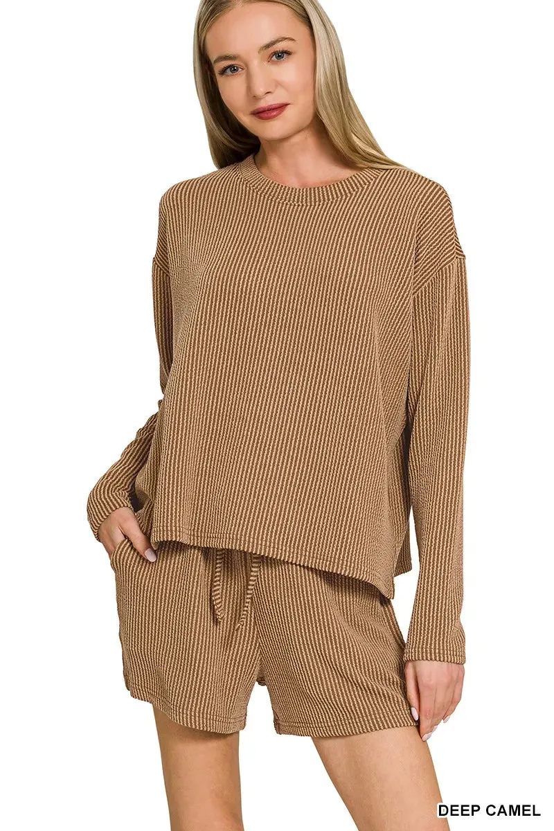 Zenana Corded Rib Long Sleeve Tee and Shorts Set sold by Charming Charlie