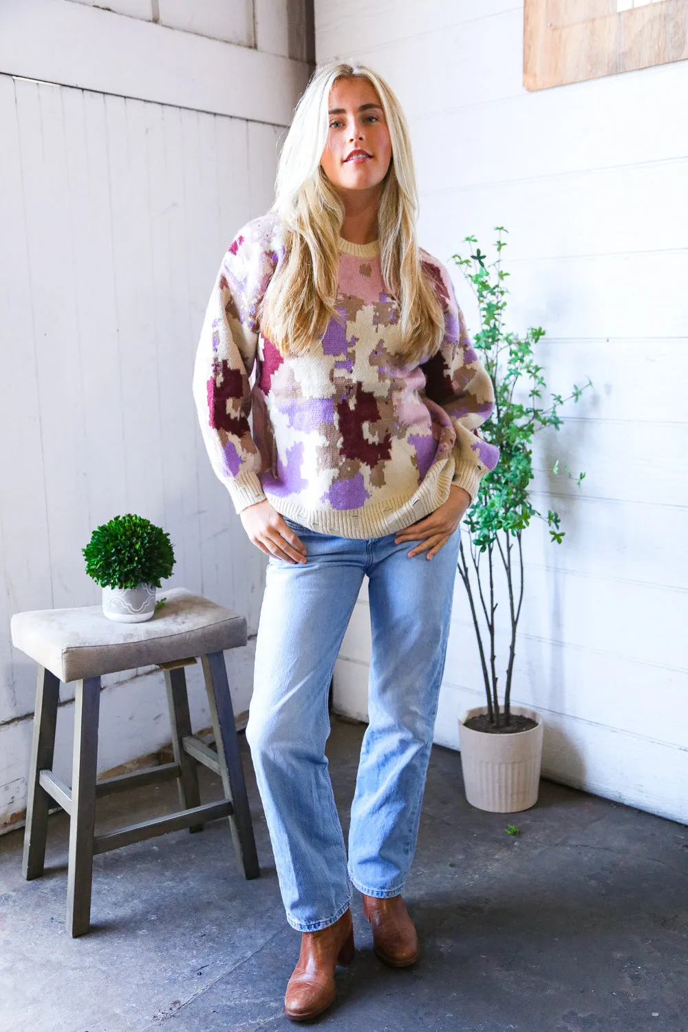 Cozy in Chaos Taupe Multi Print Design Sweater sold by Charming Charlie product image thumbnail 3