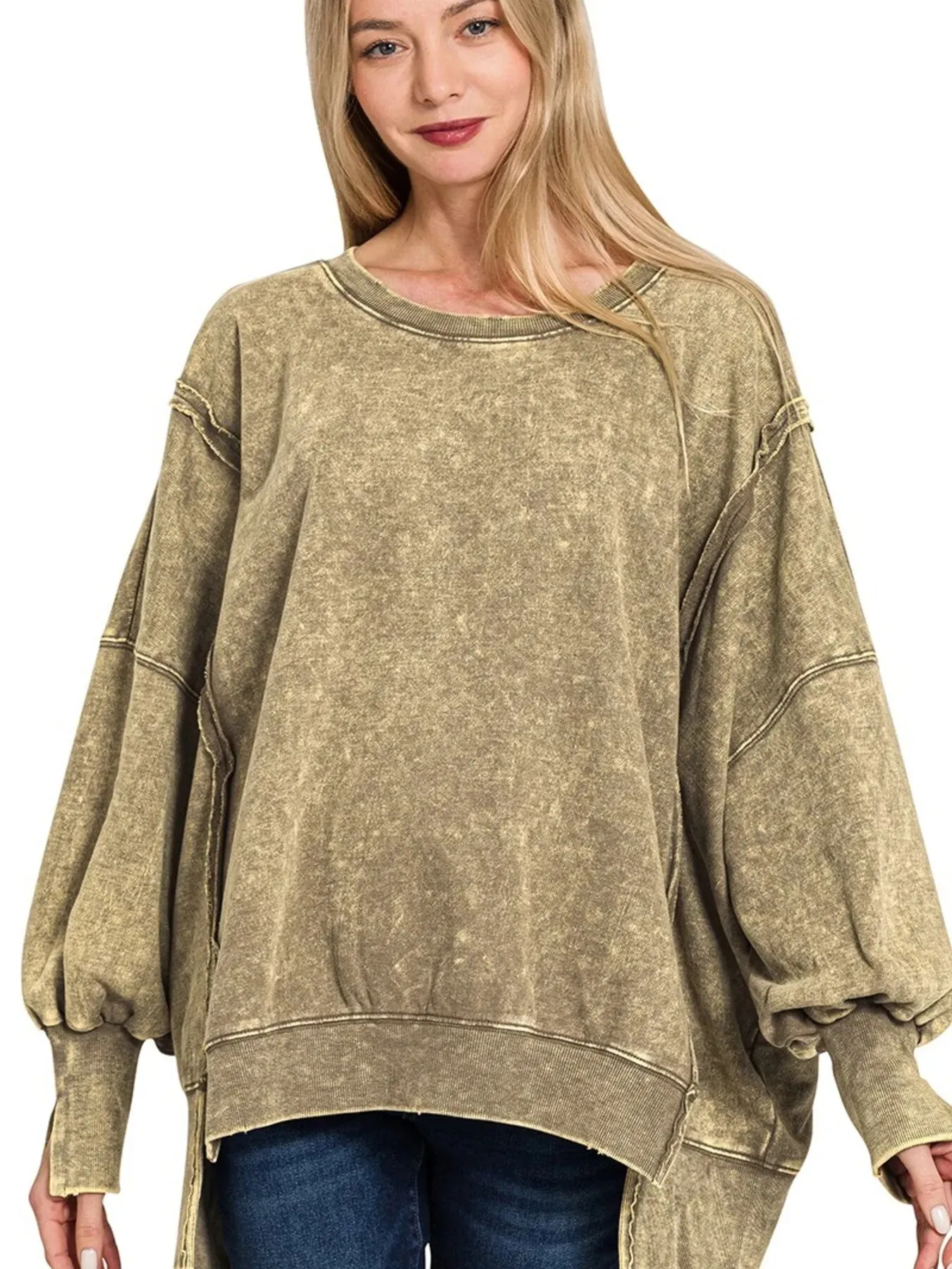 Zenana Acid Wash Exposed-Seam High Low Sweatshirt sold by Charming Charlie