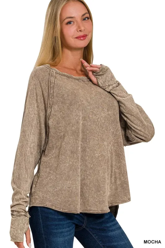 Zenana Crinkle Washed Thumb Hole Cuffs Long Sleeve Top sold by Charming Charlie