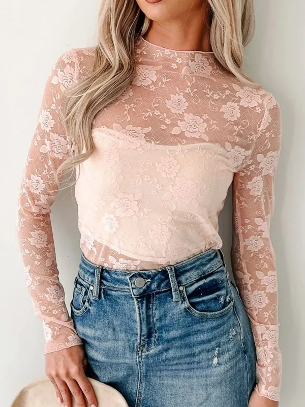 Lace Mock Neck Long Sleeve Blouse sold by Charming Charlie