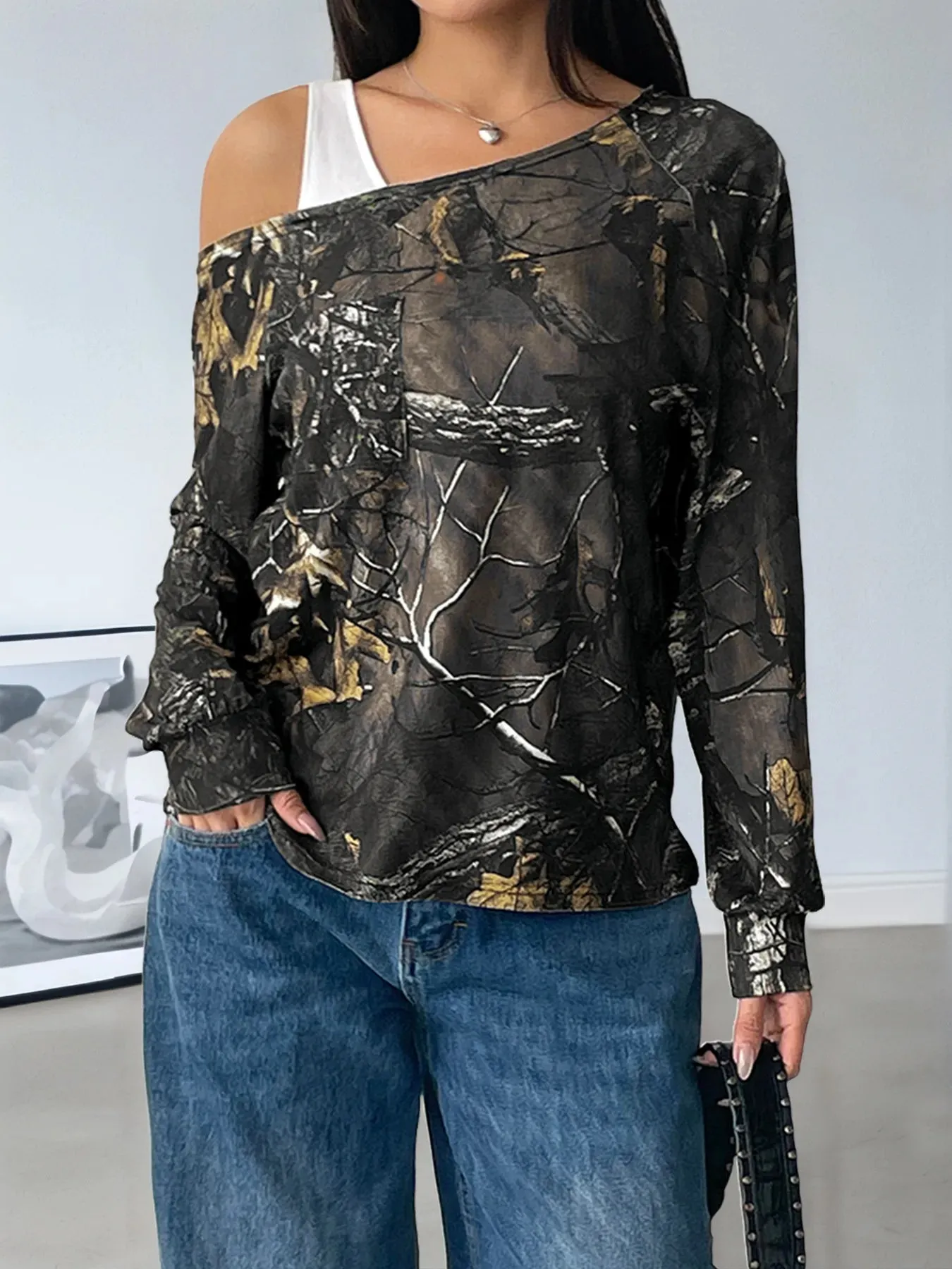 Asymmetrical Neck Printed Long Sleeve Top sold by Charming Charlie product image thumbnail 2