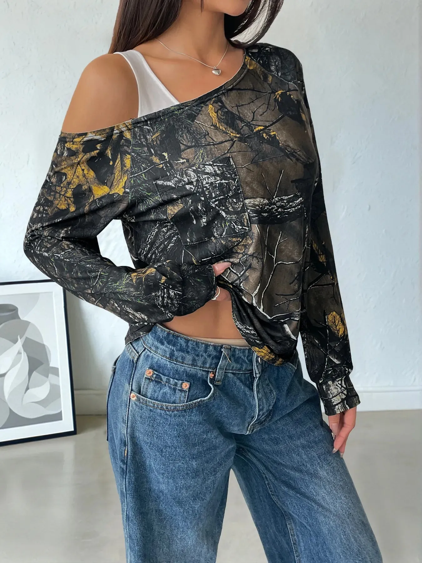 Asymmetrical Neck Printed Long Sleeve Top sold by Charming Charlie product image thumbnail 4
