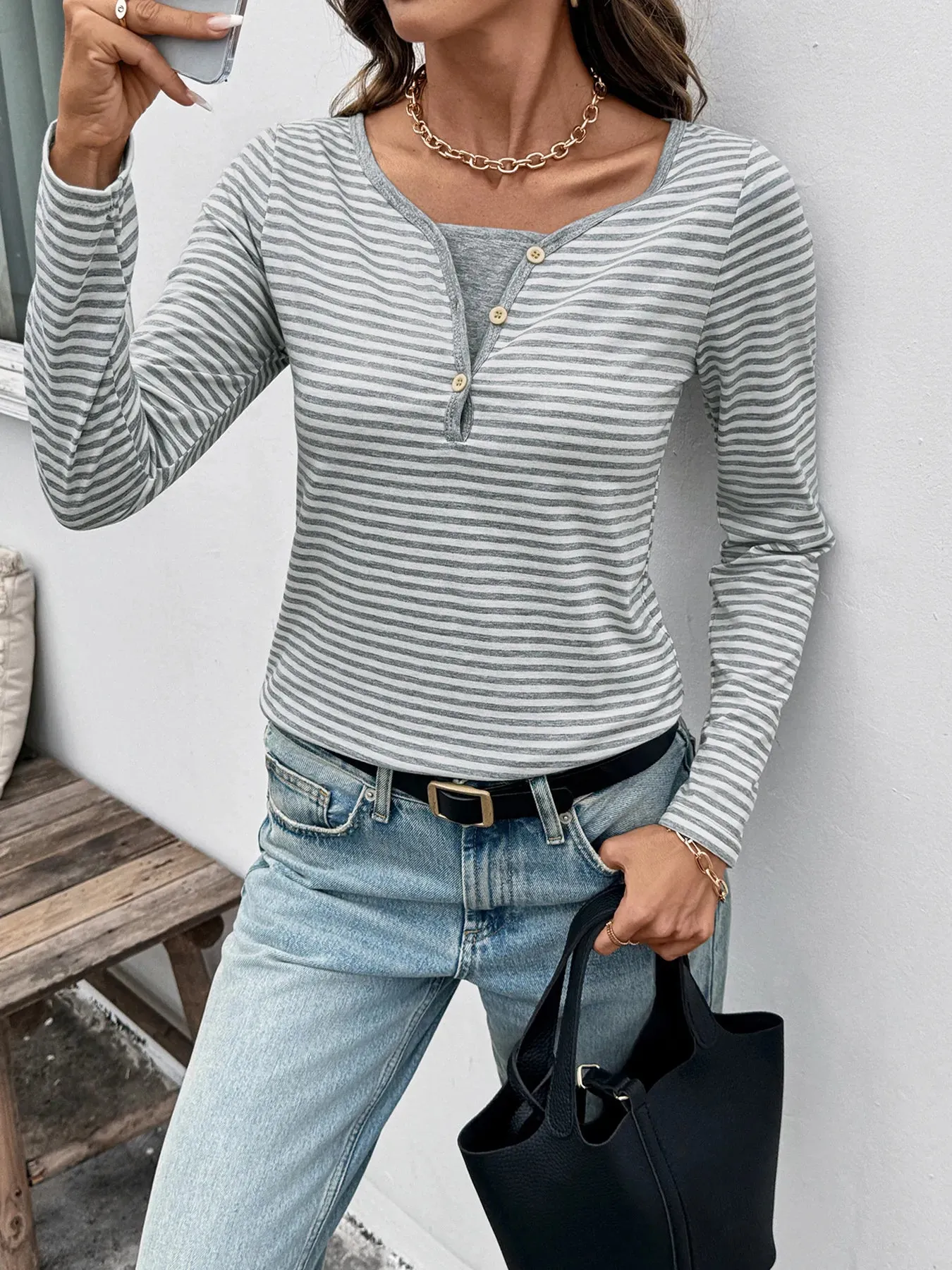 Striped Long Sleeve Casual T-Shirt sold by Charming Charlie product image thumbnail 3