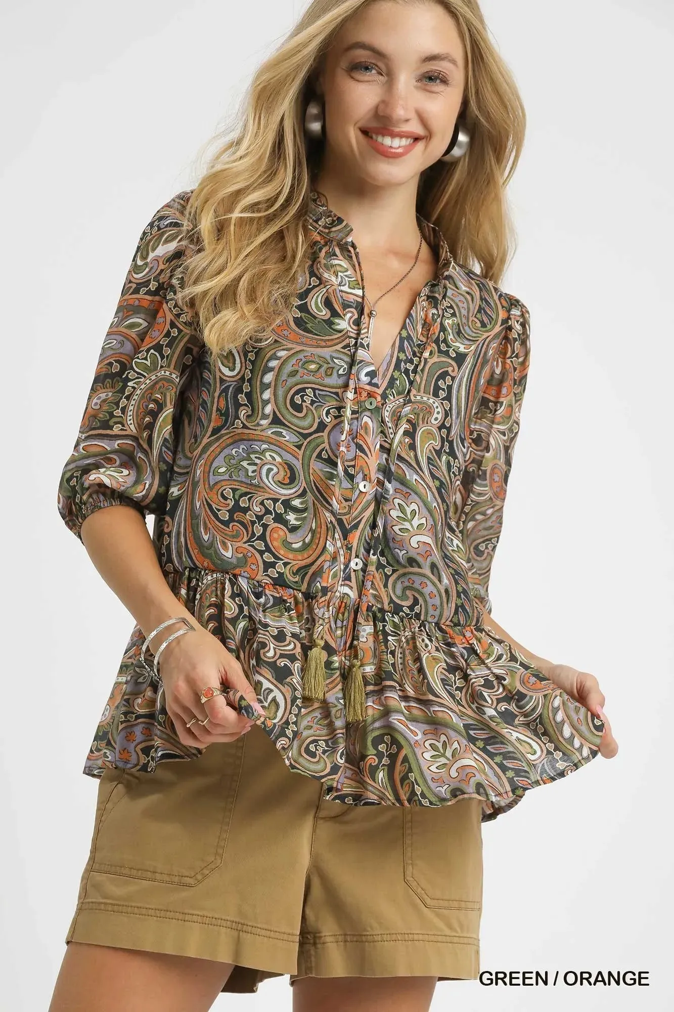 Umgee Paisley Print Peplum Blouse sold by Charming Charlie
