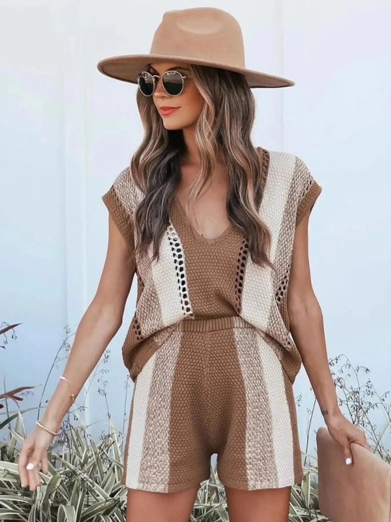 Openwork Color Block V-Neck Top and Shorts Sweater Set sold by Charming Charlie product image thumbnail 2