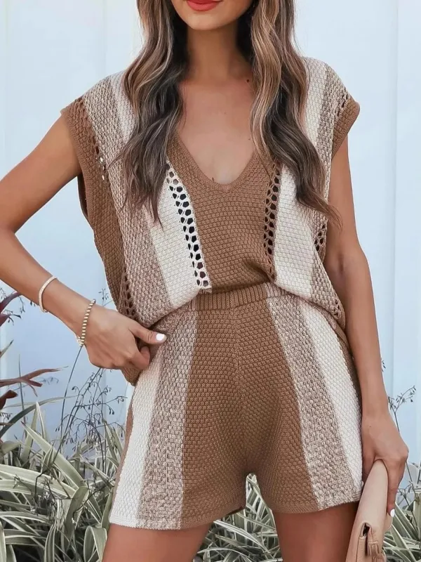 Openwork Color Block V-Neck Top and Shorts Sweater Set sold by Charming Charlie