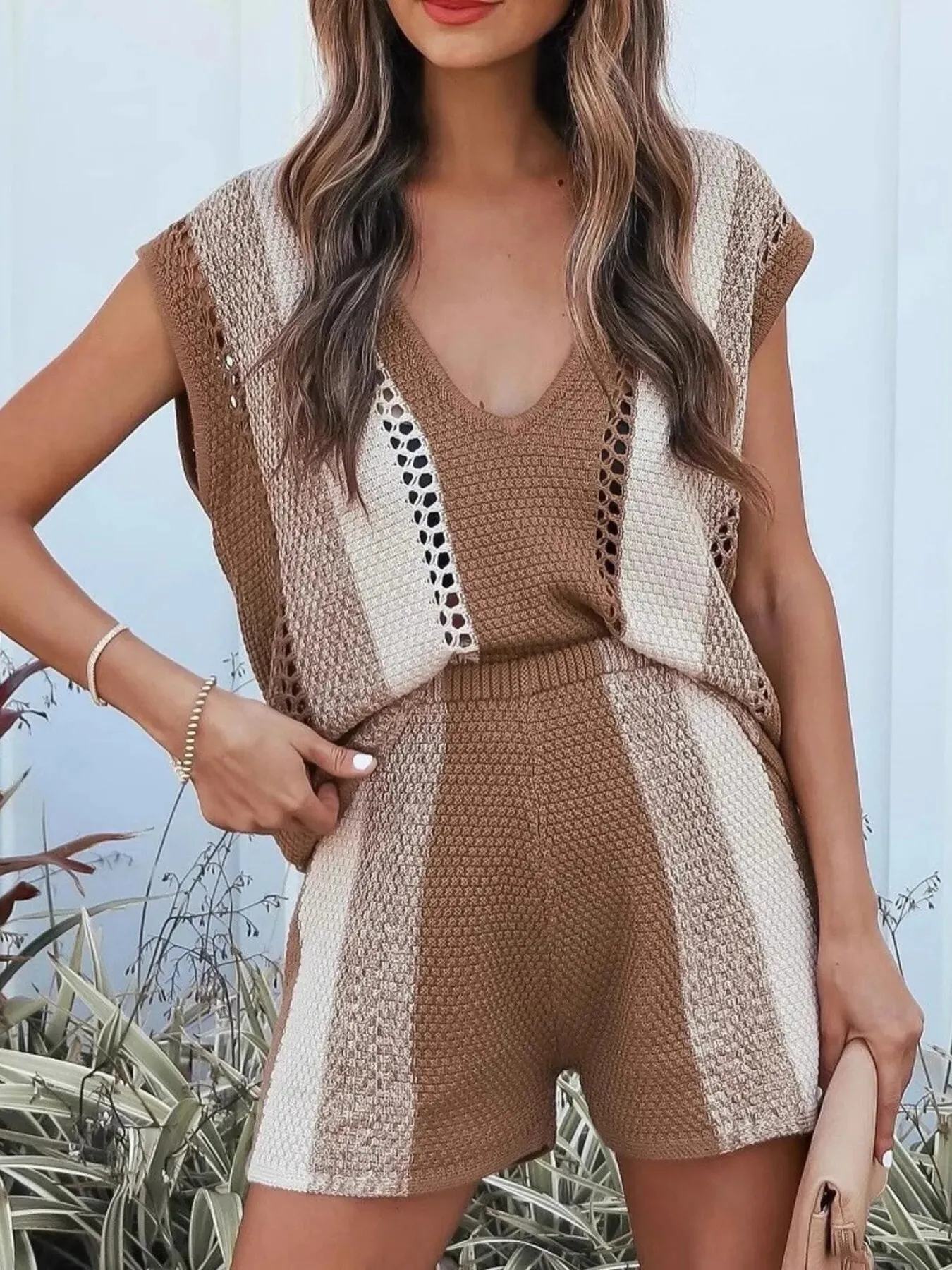 Openwork Color Block V-Neck Top and Shorts Sweater Set sold by Charming Charlie