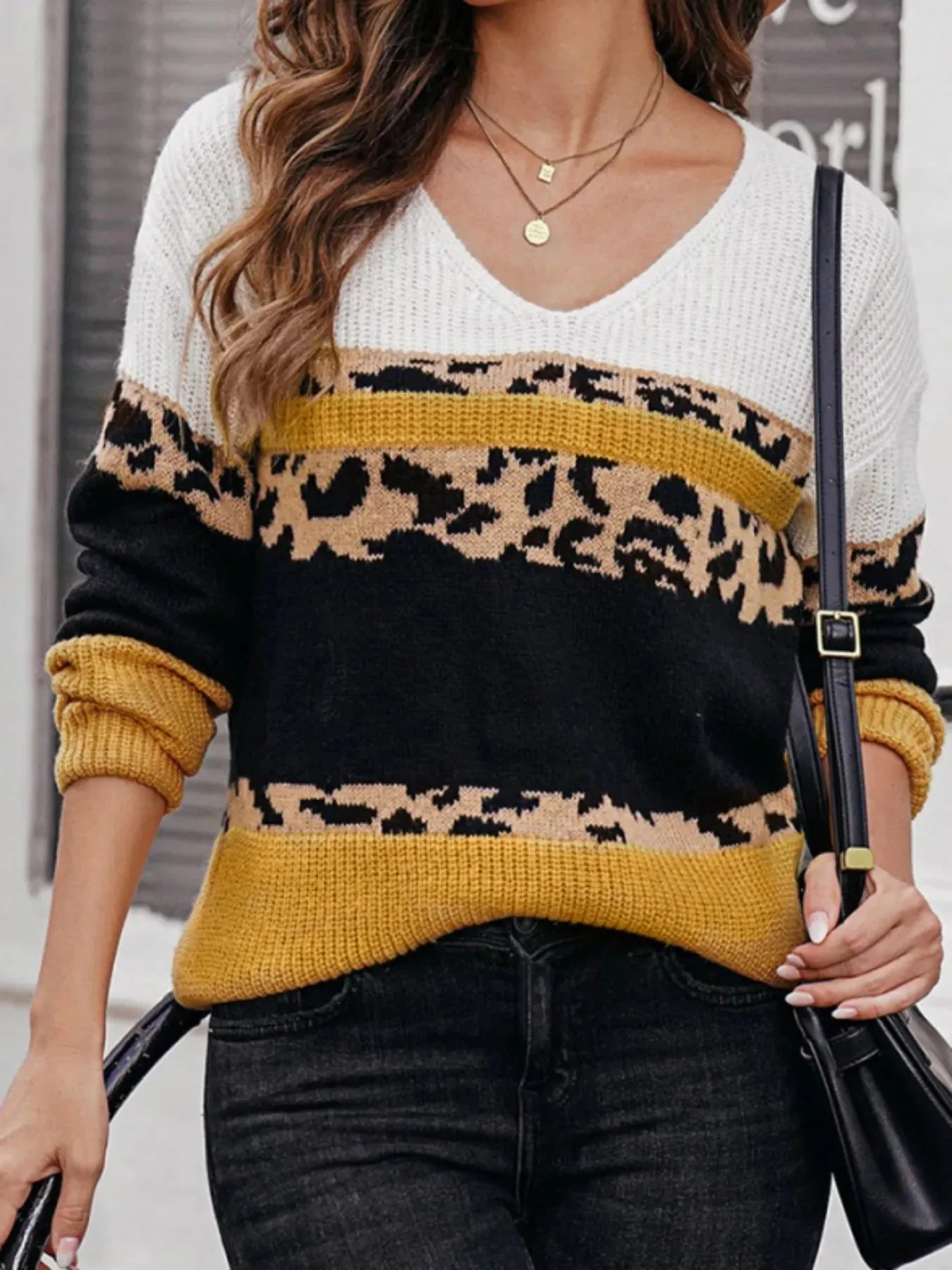 Leopard Color Block V-Neck Sweater sold by Charming Charlie