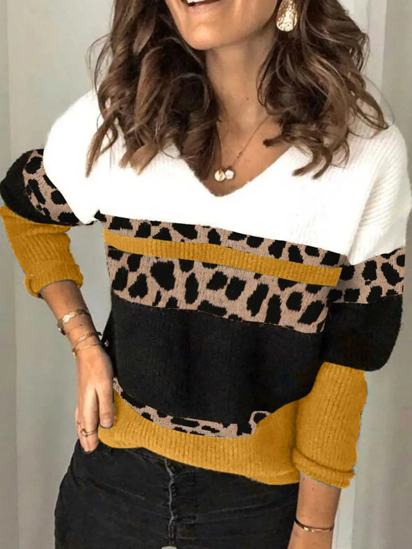 Leopard Color Block V-Neck Sweater sold by Charming Charlie product image thumbnail 3