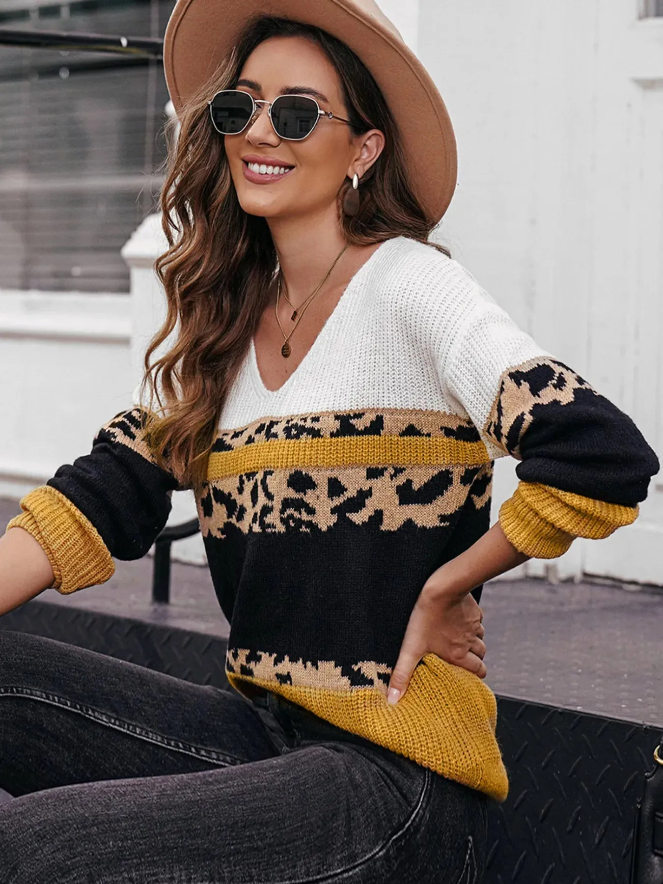 Leopard Color Block V-Neck Sweater sold by Charming Charlie product image thumbnail 4