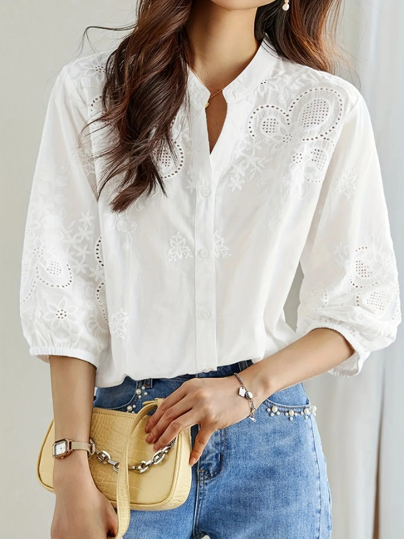 Embroidered Eyelet Button Up Shirt sold by Charming Charlie product image thumbnail 3