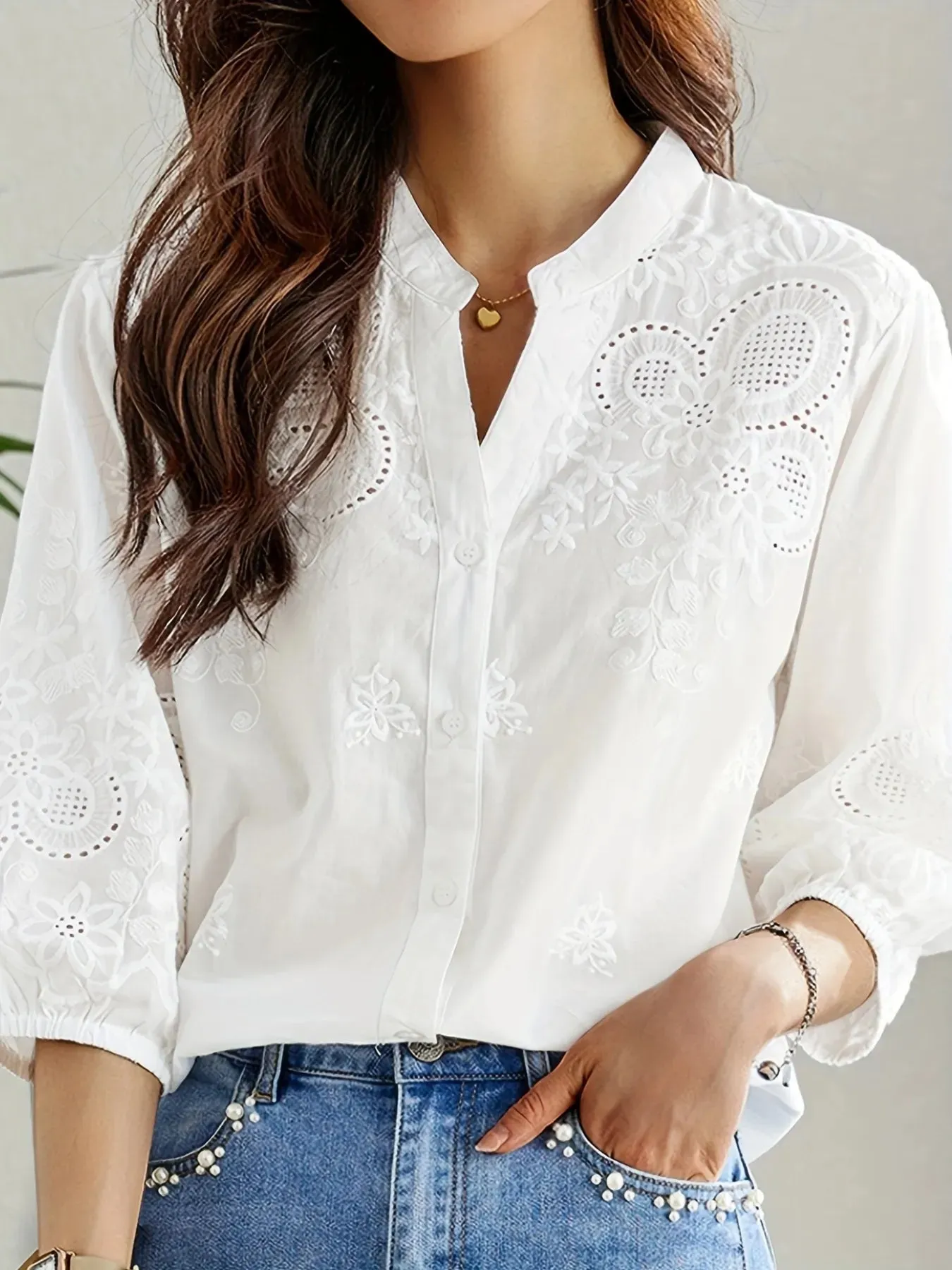 Embroidered Eyelet Button Up Shirt sold by Charming Charlie