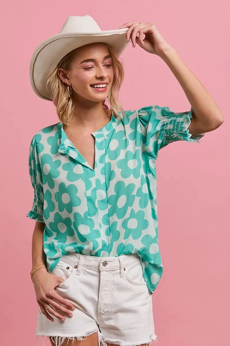 BiBi Flower Printed Woven Smocking Sleeves V Neck Top sold by Charming Charlie product image thumbnail 3