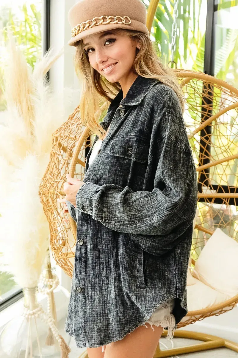 BiBi Vintage Washed Wrinkle Gauze Shacket sold by Charming Charlie product image thumbnail 5