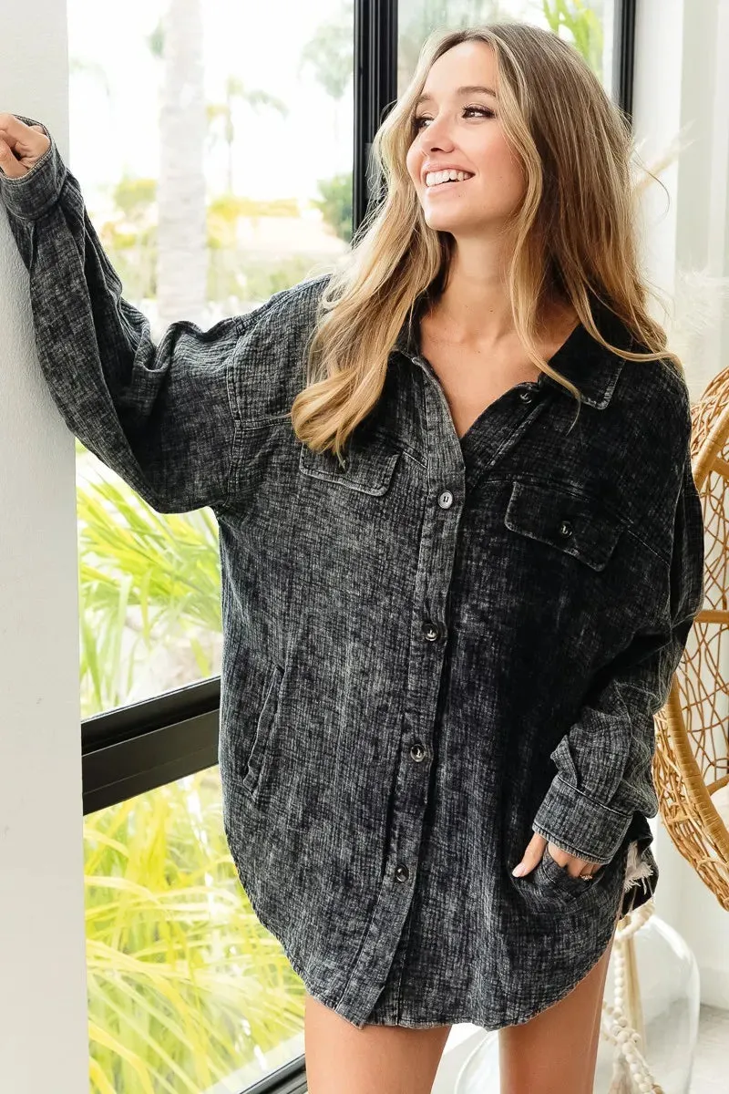 BiBi Vintage Washed Wrinkle Gauze Shacket sold by Charming Charlie product image thumbnail 3