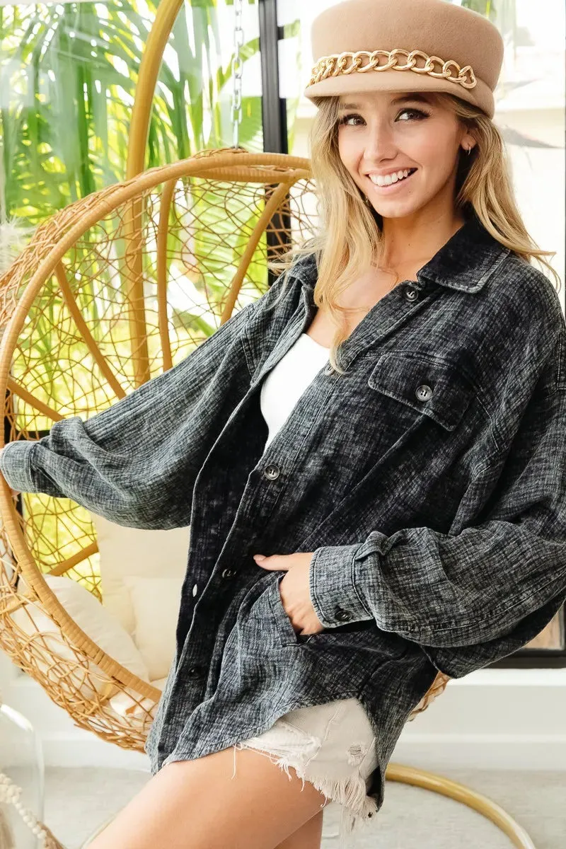 BiBi Vintage Washed Wrinkle Gauze Shacket sold by Charming Charlie