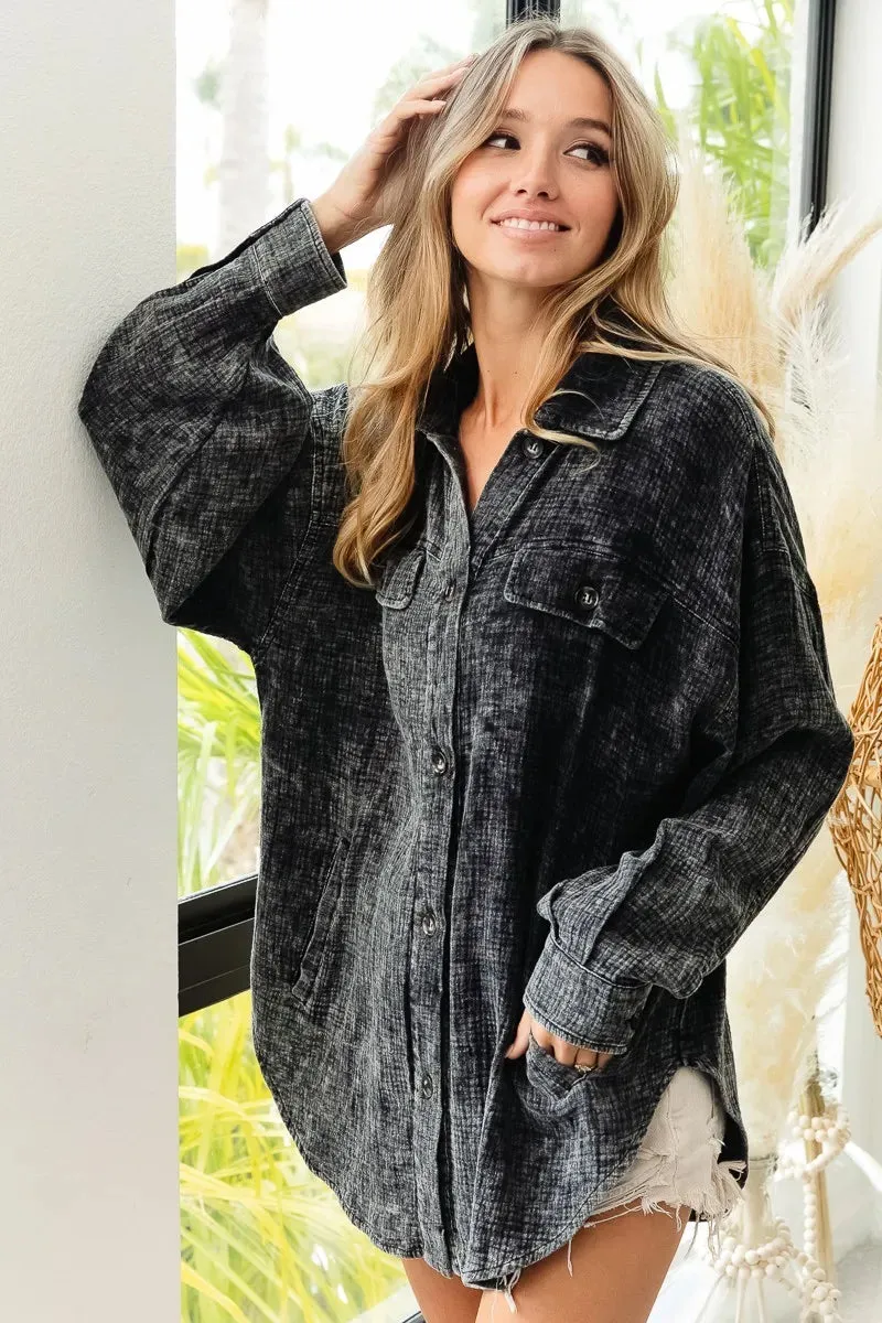 BiBi Vintage Washed Wrinkle Gauze Shacket sold by Charming Charlie product image thumbnail 4