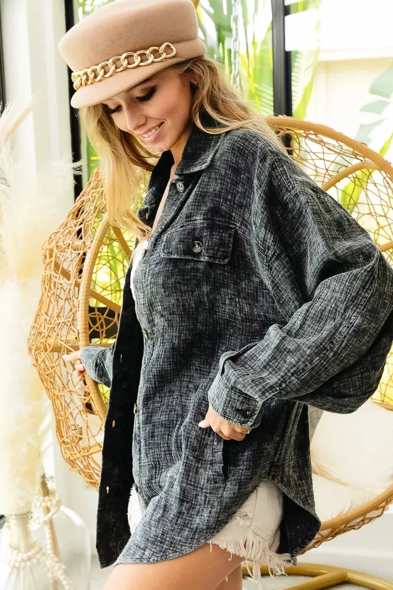 BiBi Vintage Washed Wrinkle Gauze Shacket sold by Charming Charlie product image thumbnail 2