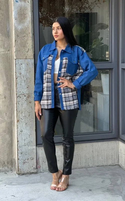 Oversized Denim & Plaid Print Jacket Top sold by Charming Charlie product image thumbnail 4