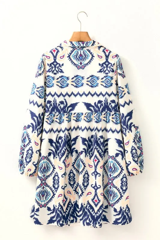 Blue Ethnic Print Striped Split Neck Mini Dress sold by Charming Charlie product image thumbnail 2