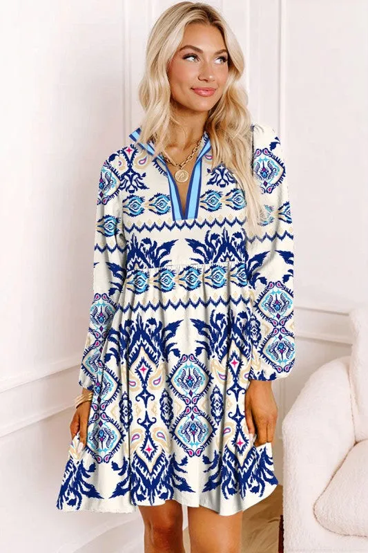 Blue Ethnic Print Striped Split Neck Mini Dress sold by Charming Charlie