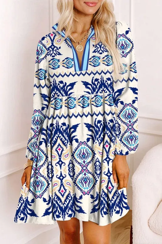 Blue Ethnic Print Striped Split Neck Mini Dress sold by Charming Charlie product image thumbnail 4