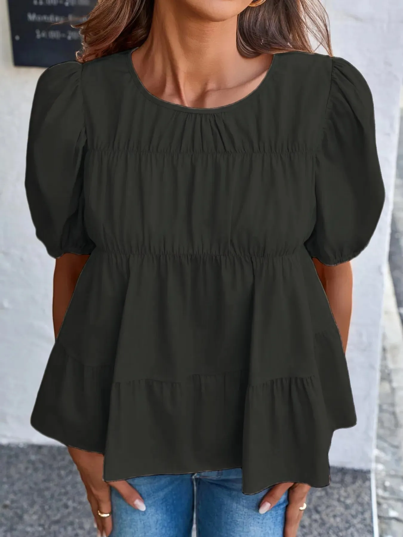 Round Neck Puff Sleeve Tiered Blouse sold by Charming Charlie product image thumbnail 4