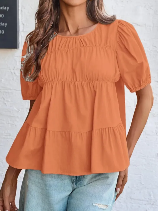 Round Neck Puff Sleeve Tiered Blouse sold by Charming Charlie