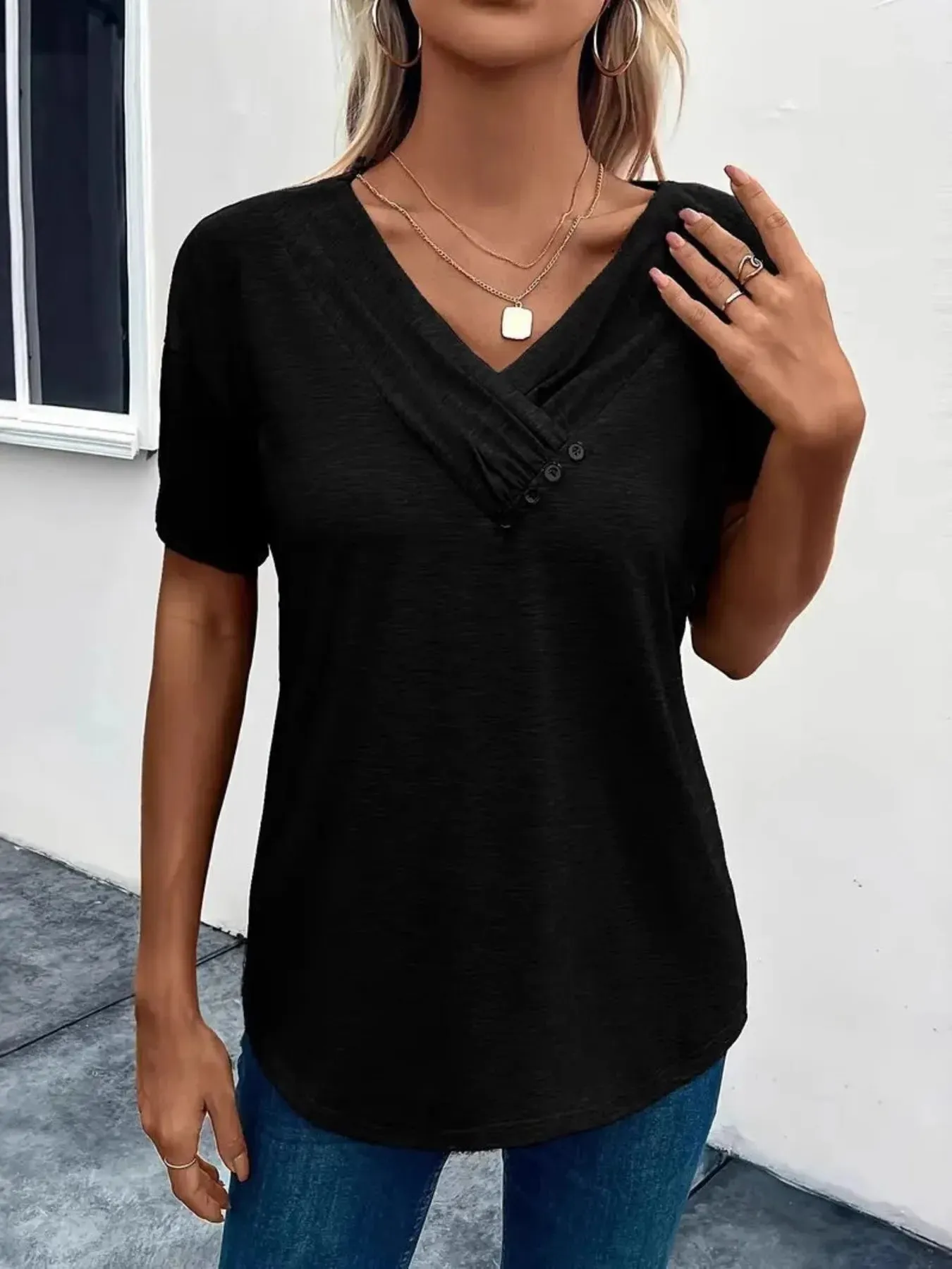 Short Sleeve V-Neck Ruched T-Shirt sold by Charming Charlie product image thumbnail 3