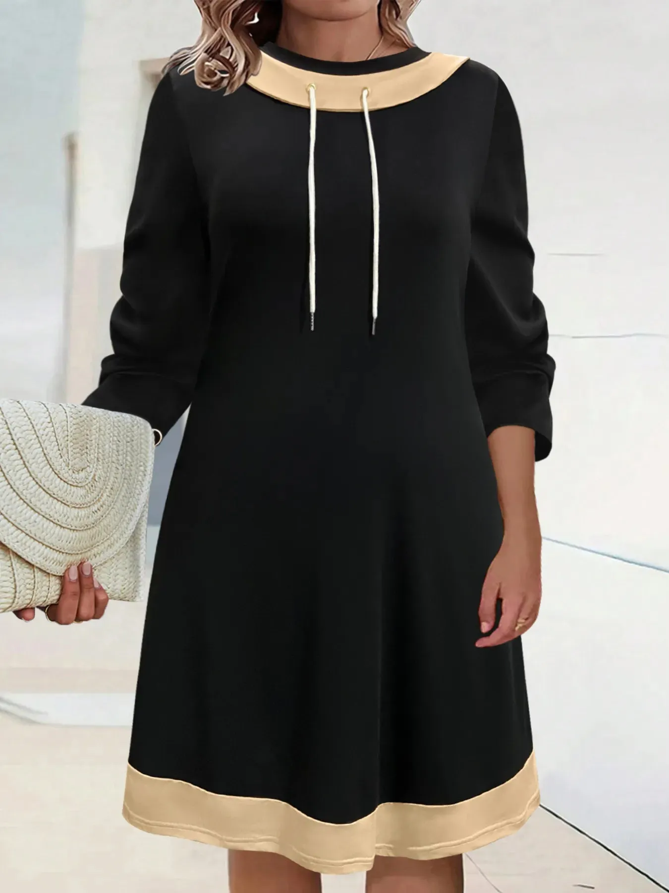 Plus Size Contrast Trim Drawstring Long Sleeve Mini Dress sold by Charming Charlie