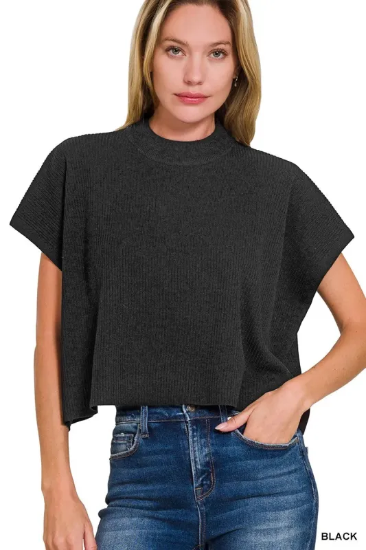 Zenana Viscose Mock Neck Short Sleeve Boxy Sweater sold by Charming Charlie