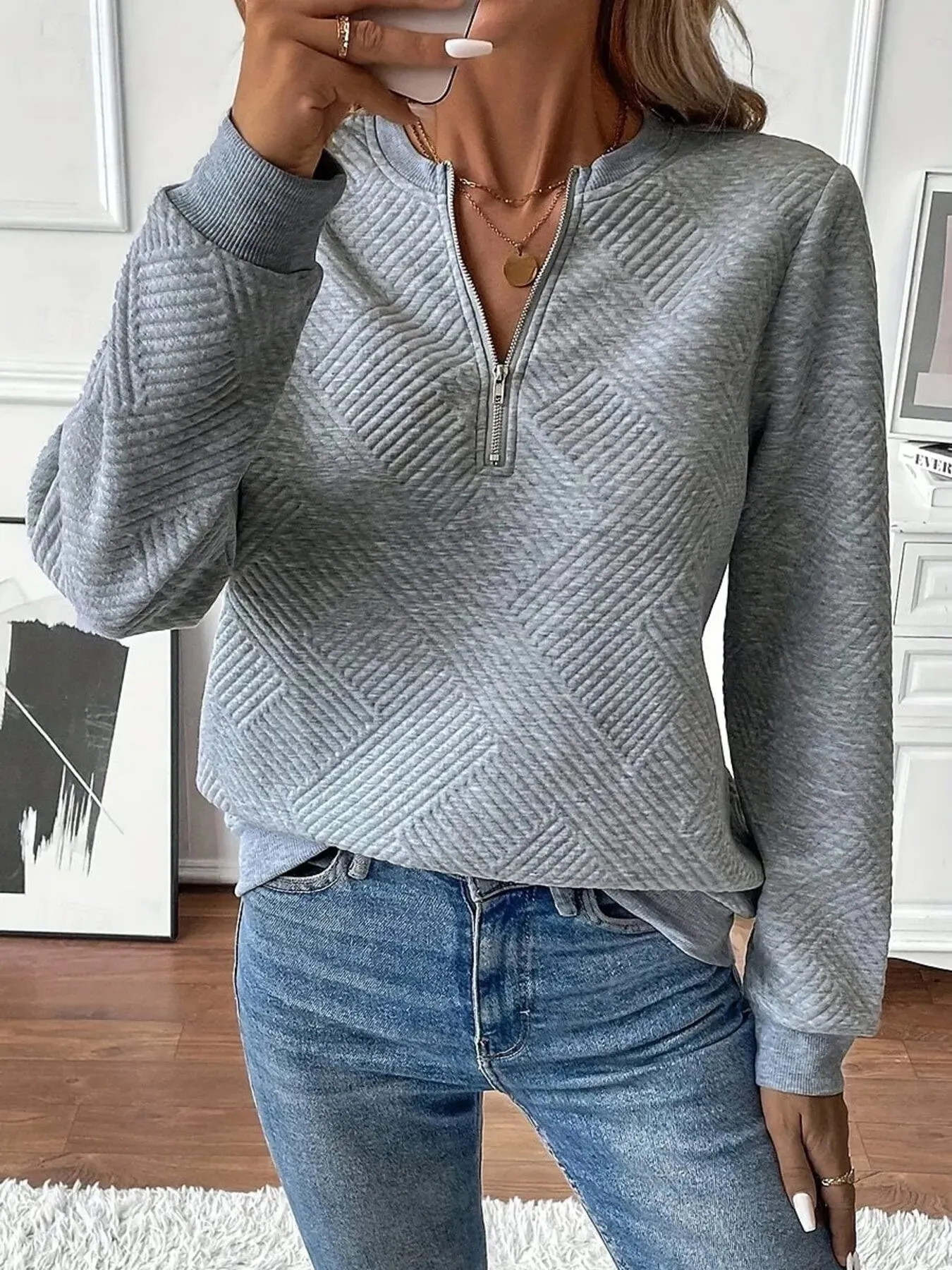 Quarter Zip Textured Long Sleeve Sweatshirt sold by Charming Charlie product image thumbnail 2