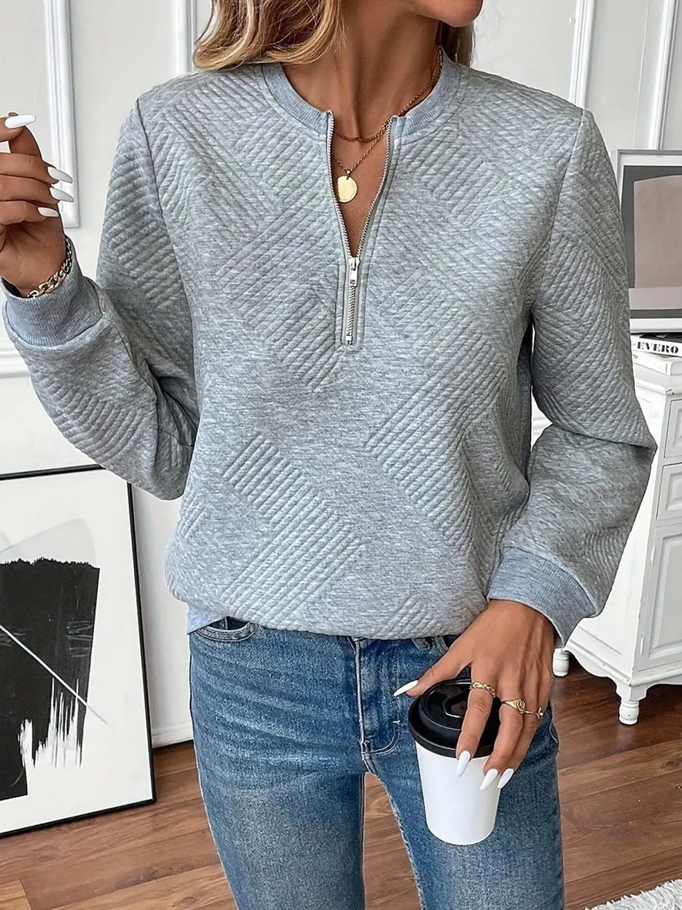 Quarter Zip Textured Long Sleeve Sweatshirt sold by Charming Charlie product image thumbnail 4