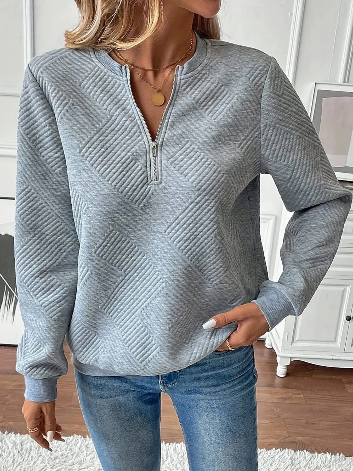 Quarter Zip Textured Long Sleeve Sweatshirt sold by Charming Charlie product image thumbnail 5
