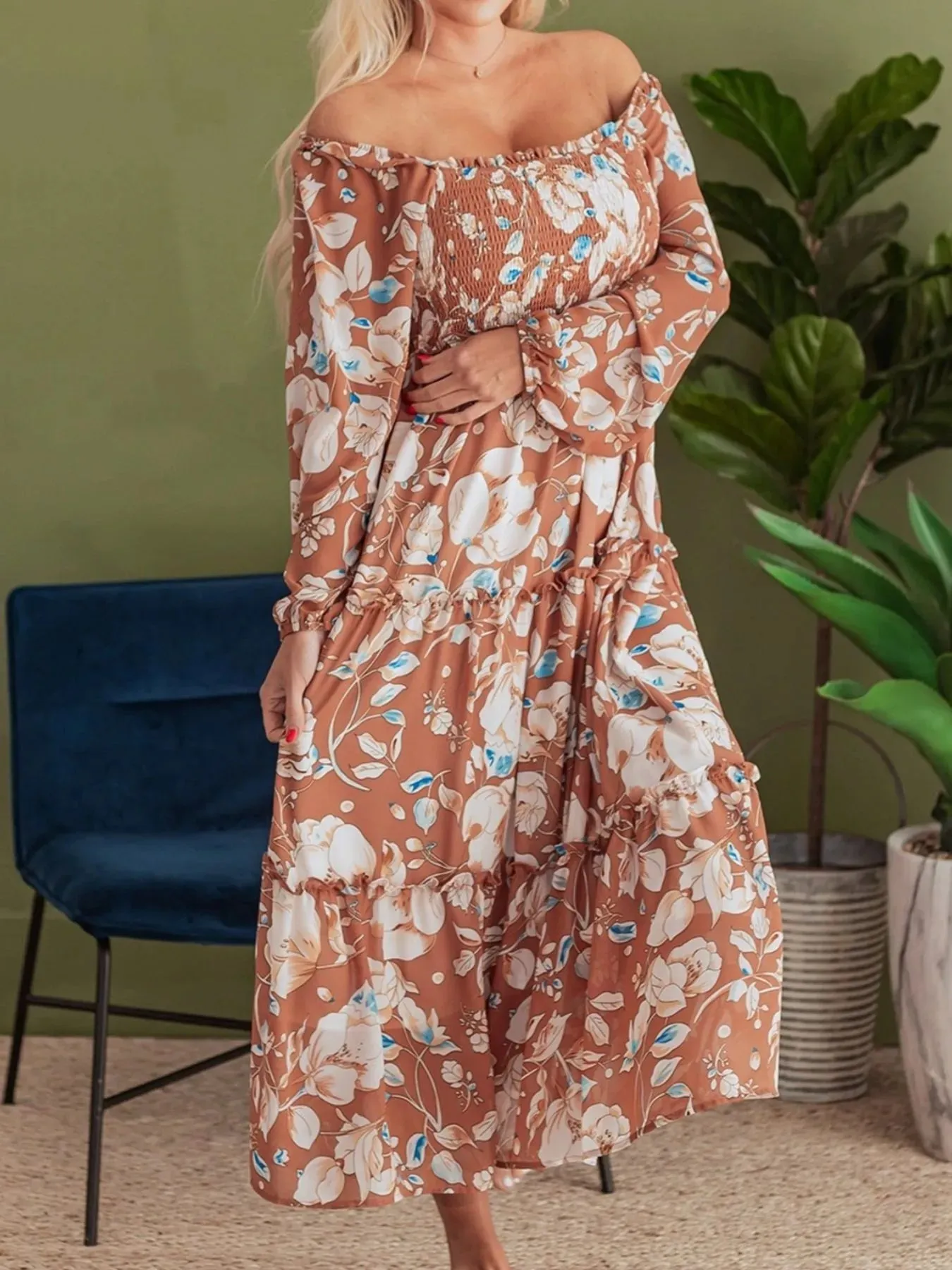 Smocked Printed Long Sleeve Tiered Dress sold by Charming Charlie product image thumbnail 3